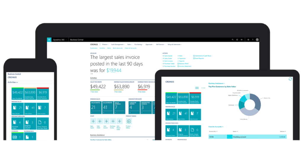 Microsoft Dynamics BC le permite dirigir el negocio desde cualquier lugar. Diagrama mostrando la adaptabilidad de Microsoft Dynamics 365 Business Central a los diferentes dispositivos.